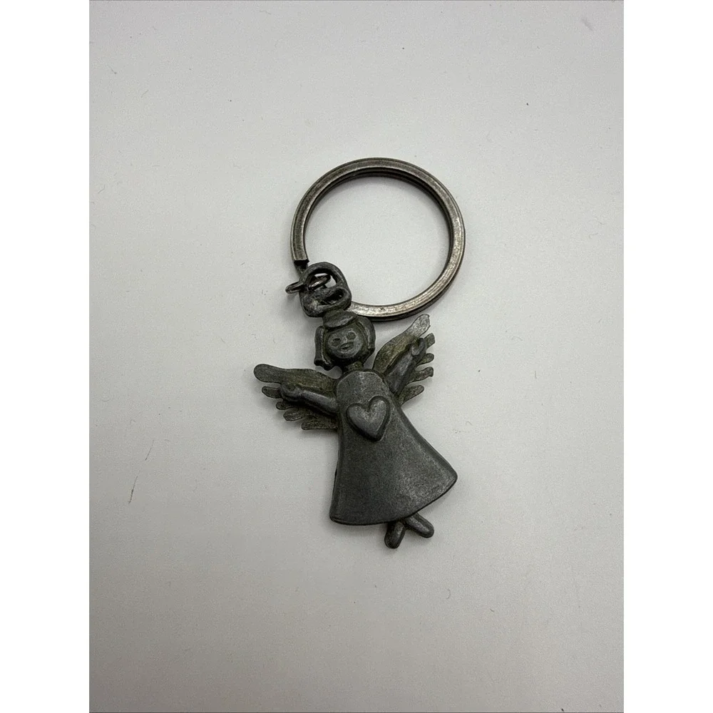 Vintage Pewter Metal Keychain - Angel with Heart Wings